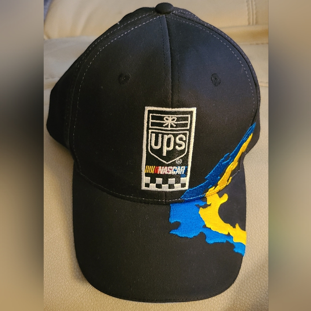 UPS Vintage Nascar Team Hat by Ashley Sewn Products Black, Blue, & Yellow NWOT